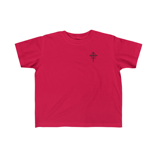 Child of God Tee: Red shirt with black cross, ideal for toddlers. 100% combed ringspun cotton, light fabric, tear-away label, classic fit. Perfect for sensitive skin, durable print.