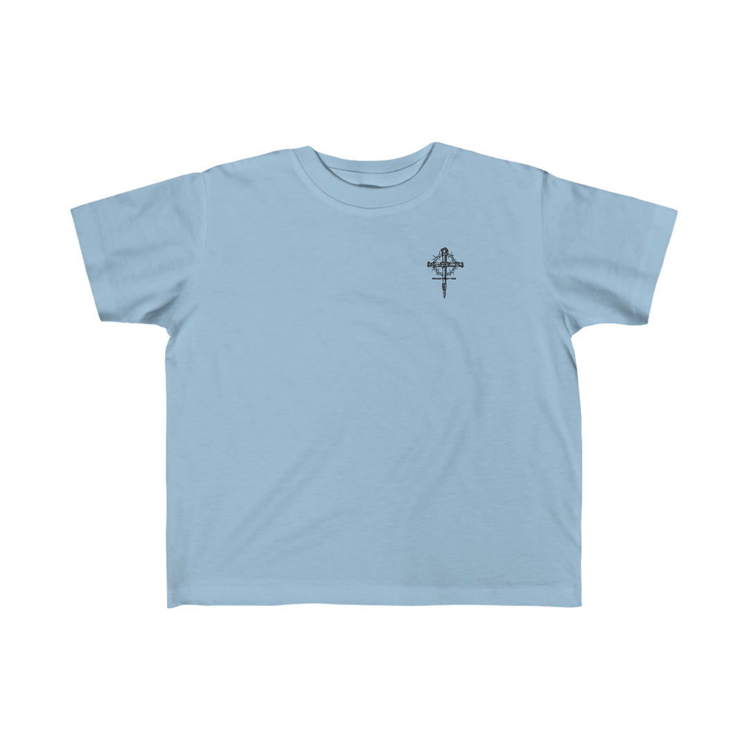 Child of God Tee: A light blue toddler t-shirt featuring a cross design. Made of 100% cotton, soft, durable, with a classic fit. Perfect for sensitive skin. From Worlds Worst Tees.