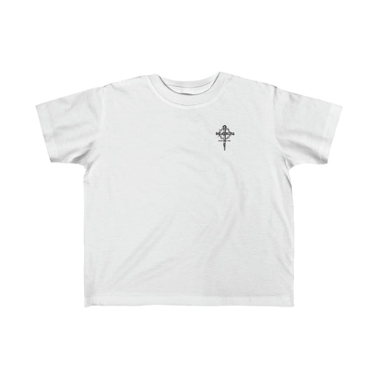 A Child of God Tee for toddlers, featuring a white shirt with a cross and crown of thorns logo. Made of 100% soft cotton, light fabric, classic fit, and tear-away label. Perfect for sensitive skin.