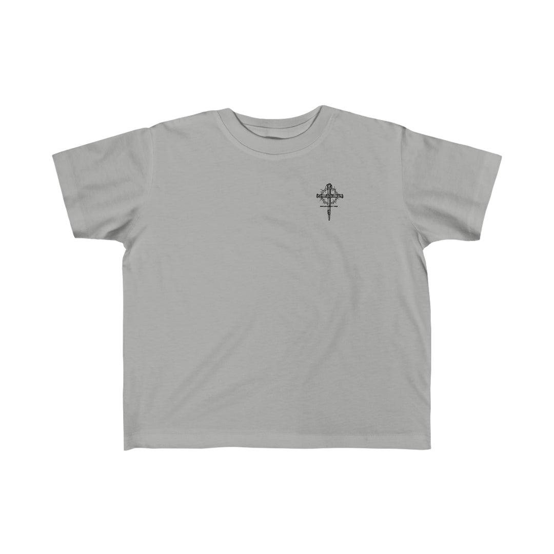 Child of God Tee: A grey toddler t-shirt featuring a cross with a crown of thorns logo. Made of soft 100% combed ringspun cotton, light fabric, classic fit, tear-away label. Perfect for sensitive skin.