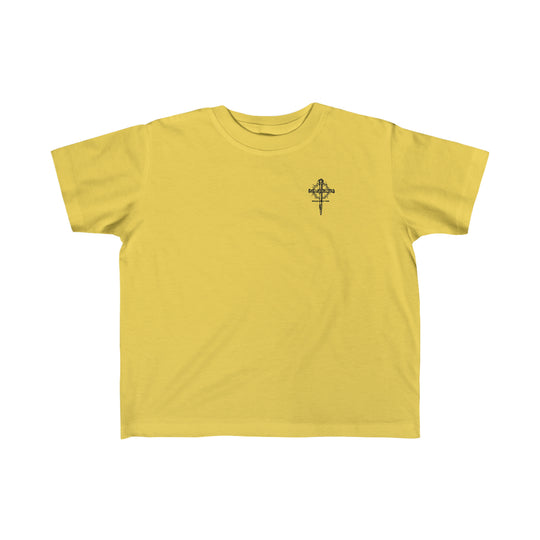 Child of God Tee: A yellow toddler t-shirt with a logo of a cross and crown of thorns. Made of 100% combed ringspun cotton, light fabric, classic fit, tear-away label, true to size.