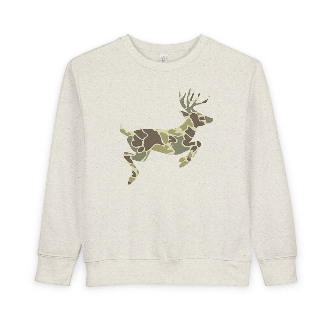 Camo Deer Toddler Crew: Off-white speckled knit sweatshirt featuring a woodland camo deer silhouette, combining cozy style with durable ribbed details for toddlers.