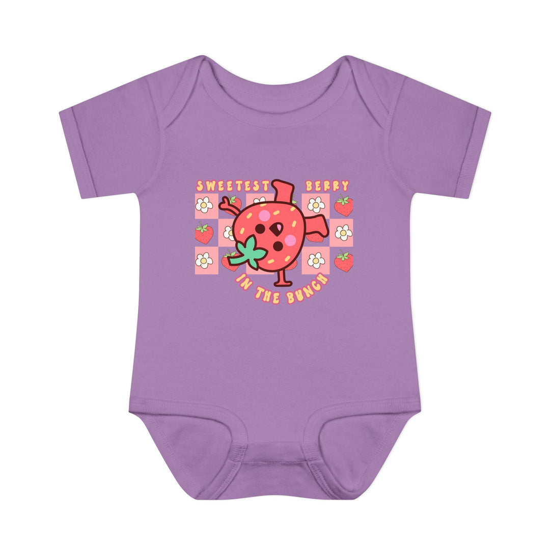 Sweetest Berry in the Bunch Onesie, a soft infant bodysuit with lap shoulders, perfect for comfort and ease, made from 100% ring-spun cotton.