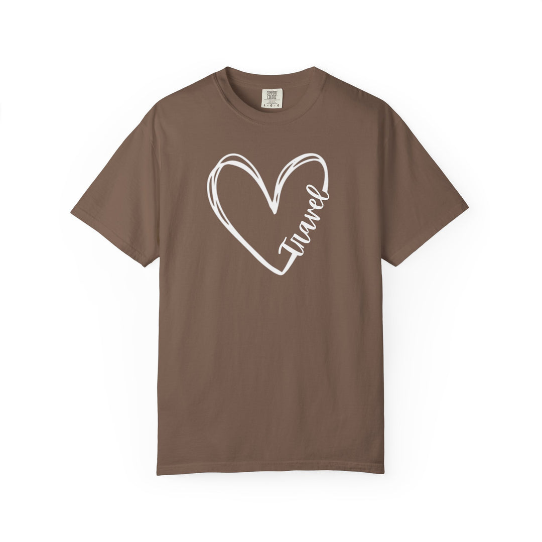 Brown short-sleeve Travel Tee with a white hand-drawn heart outline and Travel script, made from 100% ring-spun cotton for comfort.