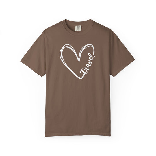 Brown short-sleeve Travel Tee with a white hand-drawn heart outline and Travel script, made from 100% ring-spun cotton for comfort.