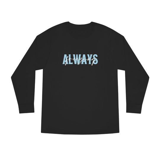 A versatile Always Freezing Long Sleeve Tee in black, featuring blue and white text. Made of 100% combed ring-spun cotton for comfort and durability. Ideal for customization. Classic fit.
