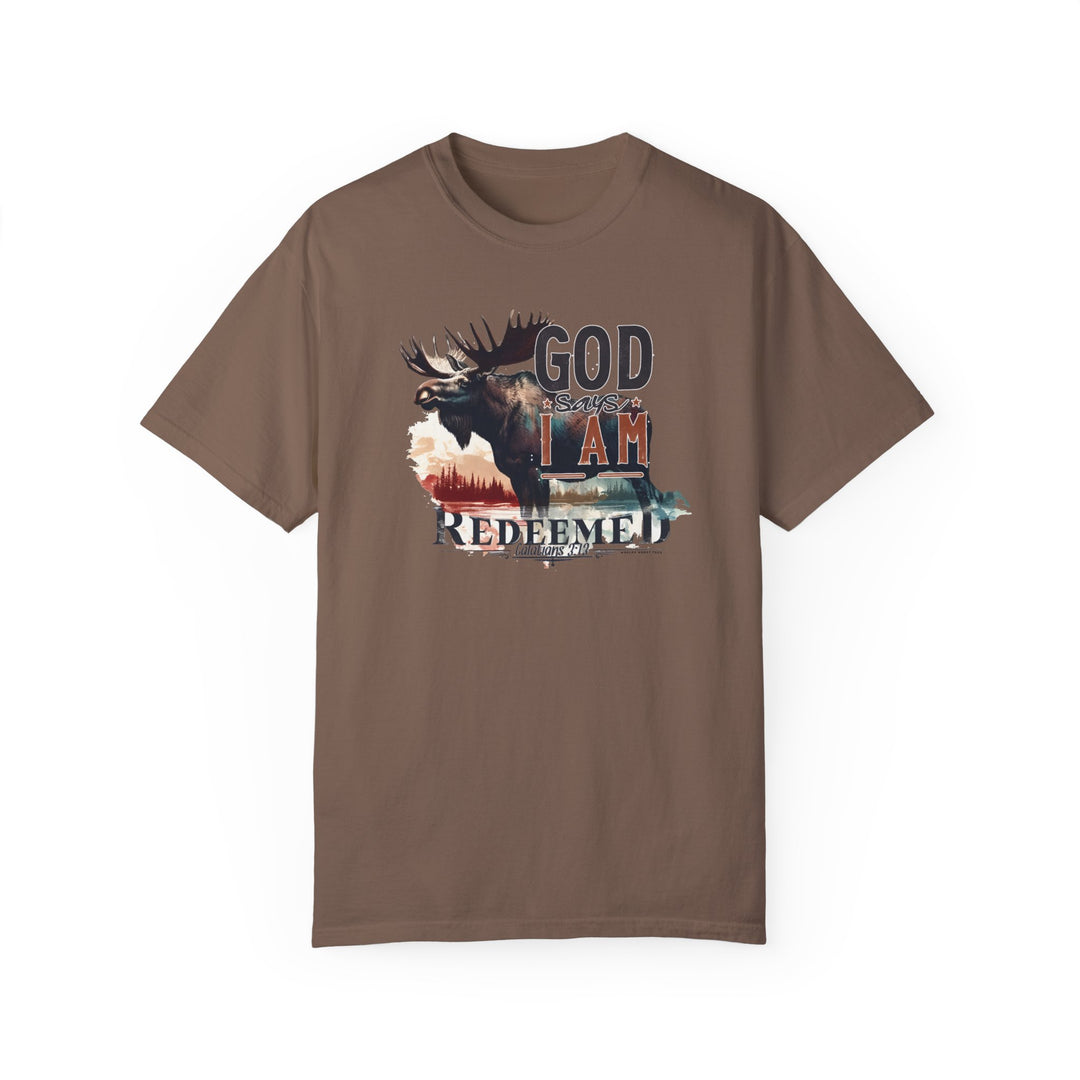 Redeemed Tee: Brown t-shirt featuring a moose design. 100% ring-spun cotton, garment-dyed for extra coziness. Relaxed fit with double-needle stitching for durability. From Worlds Worst Tees.