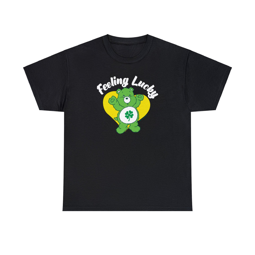 Feeling Lucky Tee: Unisex black t-shirt with a green bear and clover design. Classic fit, no side seams, ribbed knit collar for comfort. 100% cotton, medium weight fabric. Ideal casual staple.