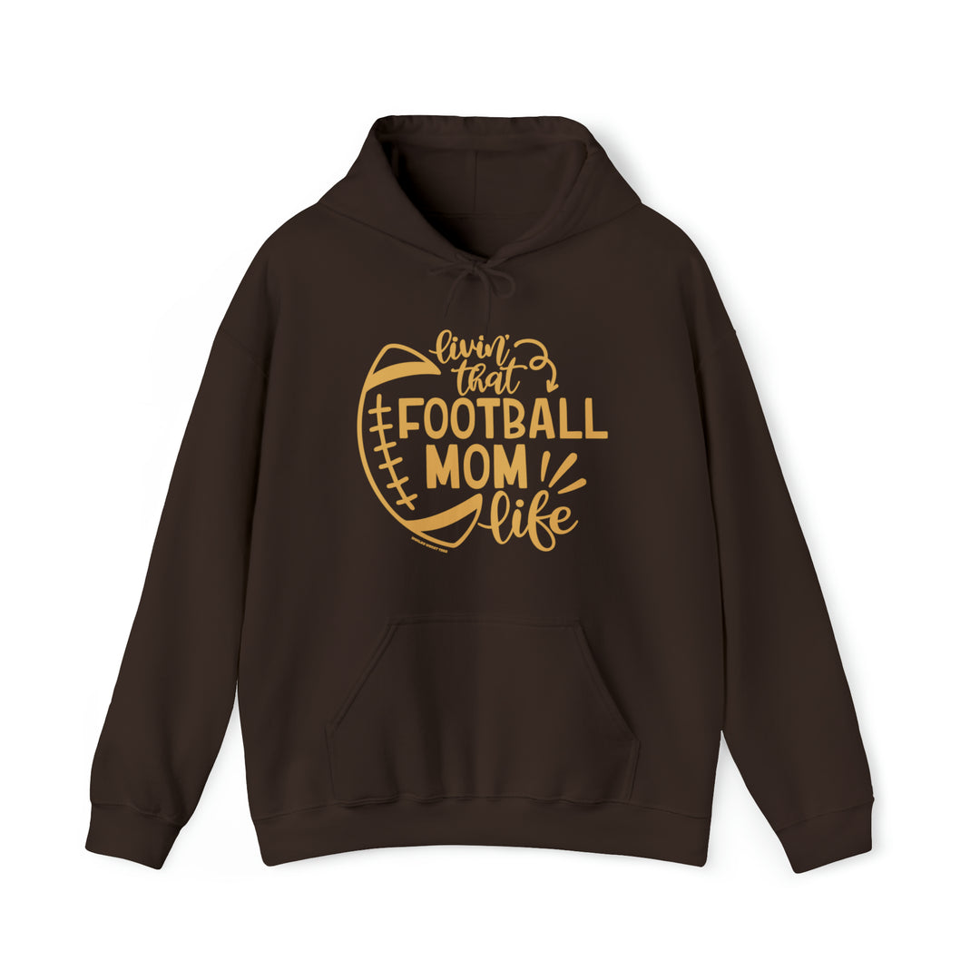 Unisex Football Mom Life Hoodie, a brown sweatshirt with a football design. Heavy cotton tee with no side seams, ribbed knit collar, and durable tape on shoulders. Classic fit, medium weight fabric.