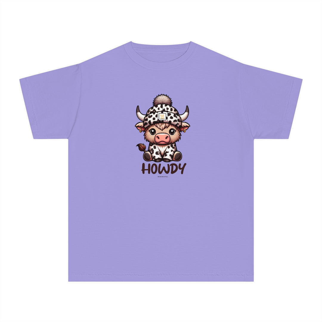Kid's Howdy Tee in purple featuring a cartoon cow on a hat. 100% combed ringspun cotton, soft-washed, and garment-dyed for comfort. Ideal for active kids. Classic fit, sew-in twill label.