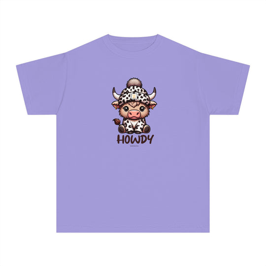 Kid's Howdy Tee in purple featuring a cartoon cow on a hat. 100% combed ringspun cotton, soft-washed, and garment-dyed for comfort. Ideal for active kids. Classic fit, sew-in twill label.