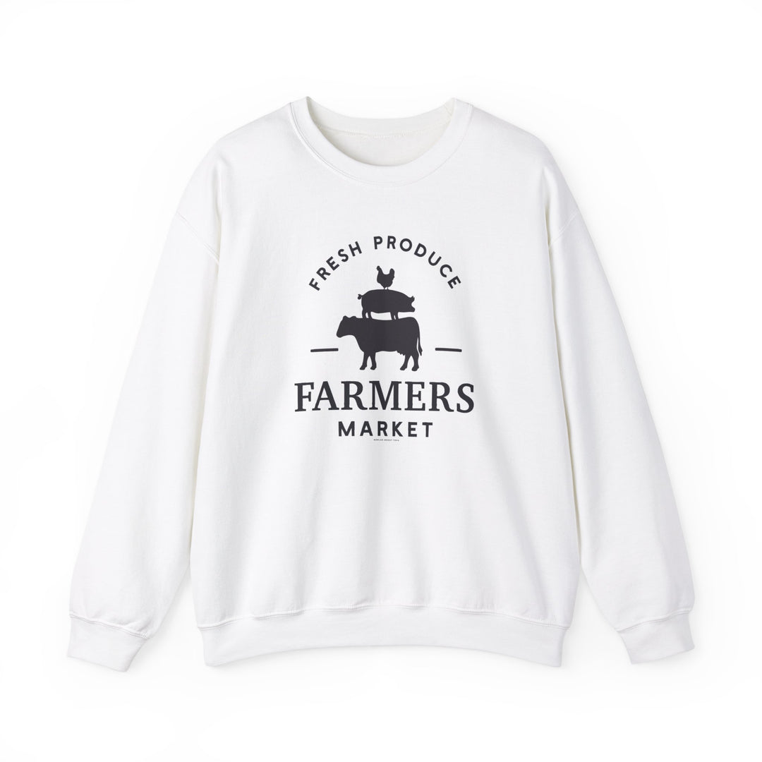 A white sweatshirt featuring black text, ideal for comfort in any situation. Unisex heavy blend crewneck with ribbed knit collar, no itchy side seams. 50% Cotton 50% Polyester, medium-heavy fabric, loose fit. Farmers Market Crew by Worlds Worst Tees.