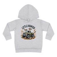 Little Hunter Toddler Hoodie featuring a truck and birds design. Jersey-lined hood, cover-stitched details, and side seam pockets for durability and coziness. 60% cotton, 40% polyester blend. Dimensions: 2T - 15.62L x 14.50W x 12.00Sleeve. From 'Worlds Worst Tees'.