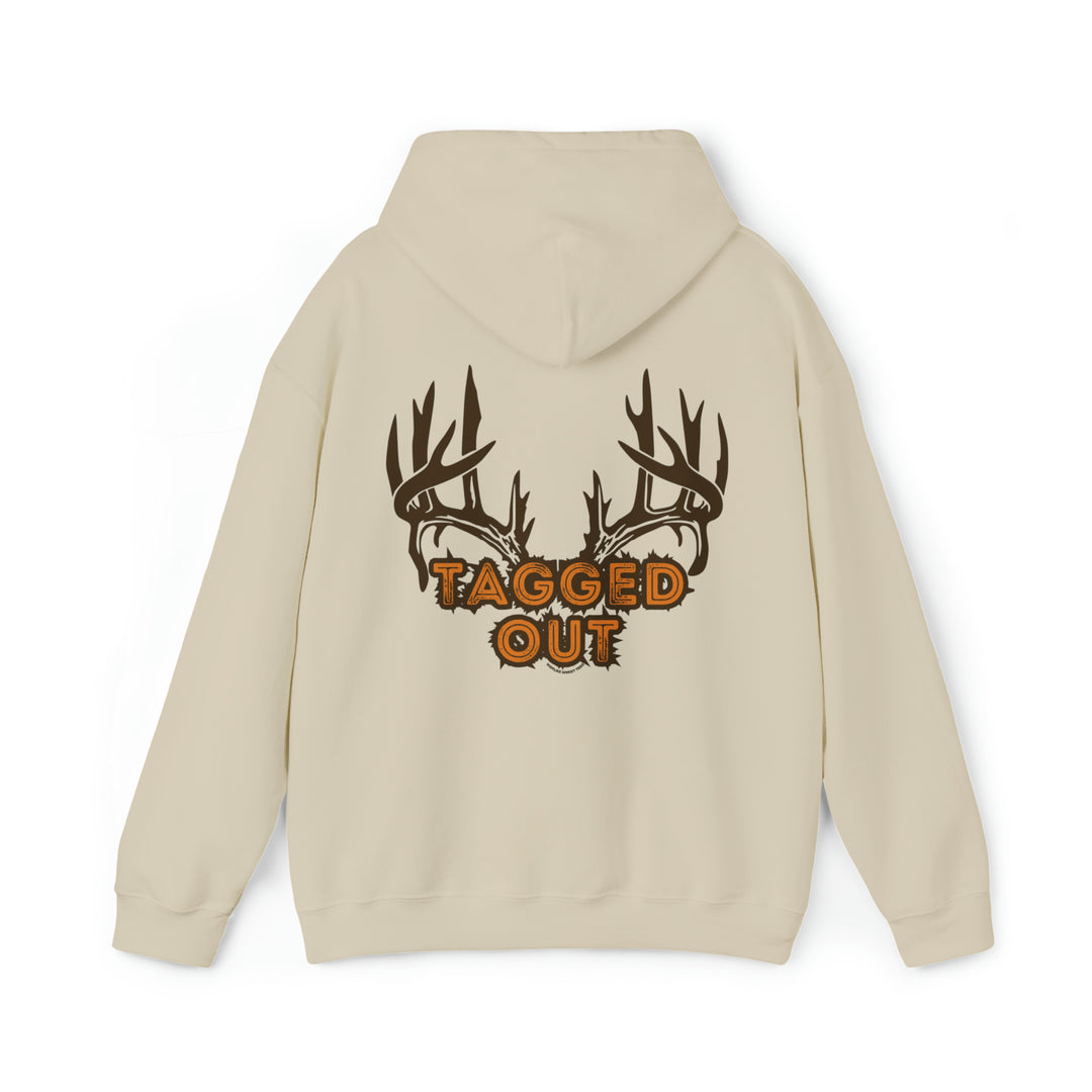 A white Tagged Out Sweatshirt with a deer head design, antlers, and logo. Unisex heavy blend, 50% cotton, 50% polyester, kangaroo pocket, classic fit. Ideal for relaxation and warmth.