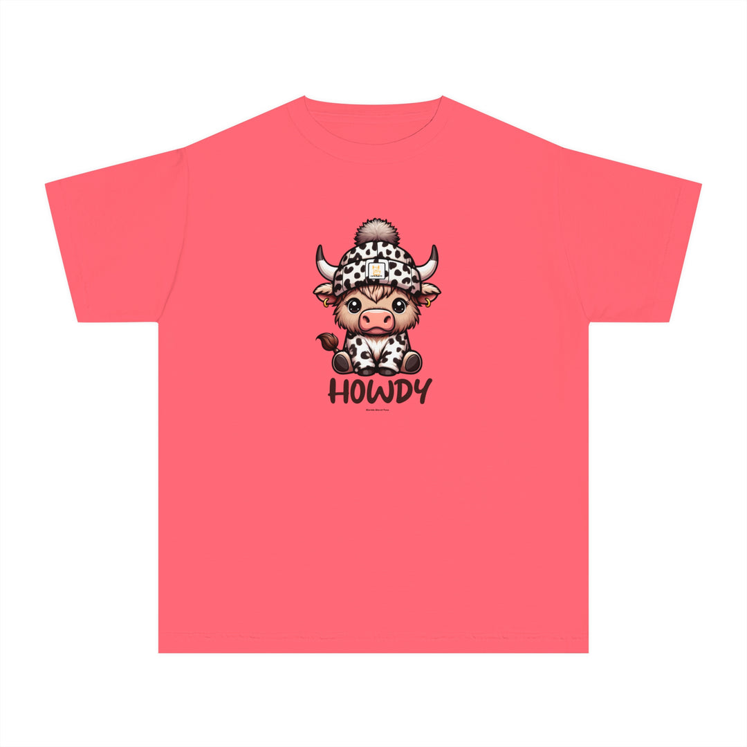 A pink kids' tee featuring a cartoon cow design, ideal for active days. Made of soft combed ring-spun cotton for comfort and agility. Perfect for study or playtime. From Worlds Worst Tees.