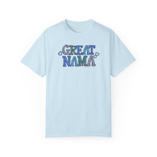 Relaxed fit Great Nama Tee, a garment-dyed t-shirt in light blue with text. Made of 100% ring-spun cotton for coziness and durability. Ideal for daily wear.