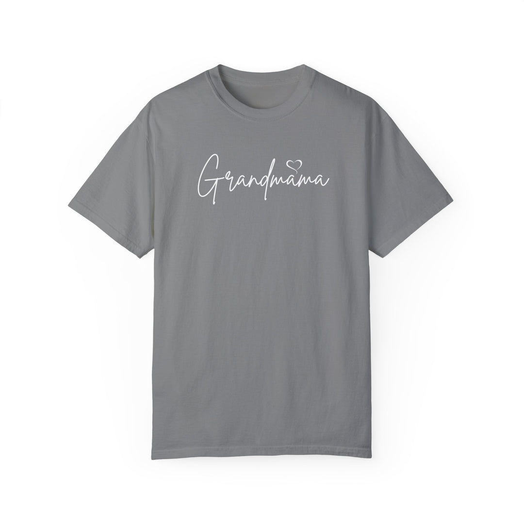 Alt text: Grandmama Tee: A grey t-shirt with white text, made of 100% ring-spun cotton. Medium weight, relaxed fit, durable double-needle stitching, and seamless design for comfort and style.