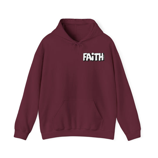 A maroon hooded sweatshirt with white text, featuring a spacious kangaroo pocket and a drawstring hood. Unisex heavy blend for comfort and warmth. Ideal for printing. From Worlds Worst Tees' Walk By Faith Not By Sight Crew collection.