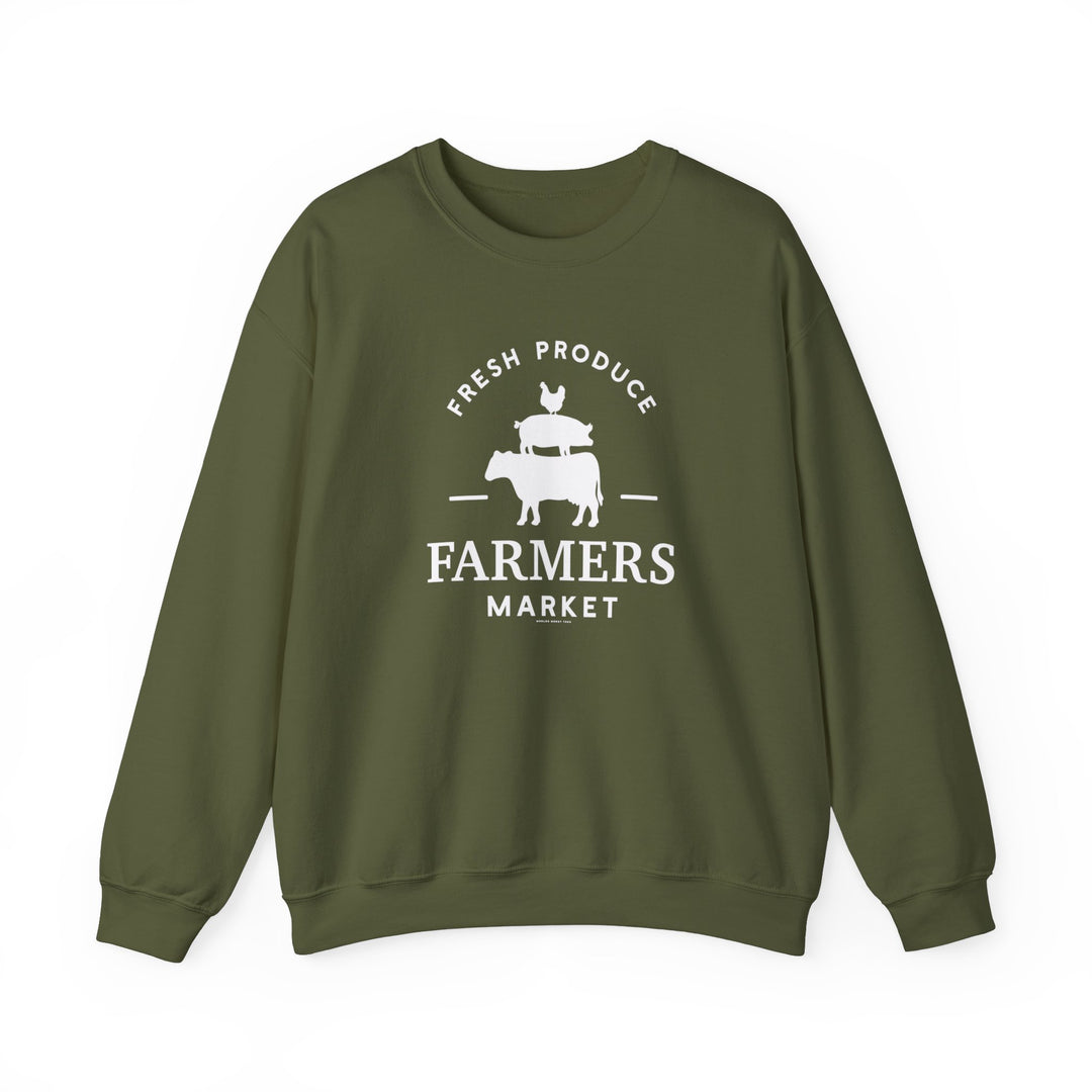 A cozy unisex heavy blend crewneck sweatshirt, the Farmers Market Crew, in green with white logo. Made of 50% cotton 50% polyester, ribbed knit collar, no itchy seams. Sizes S-5XL.