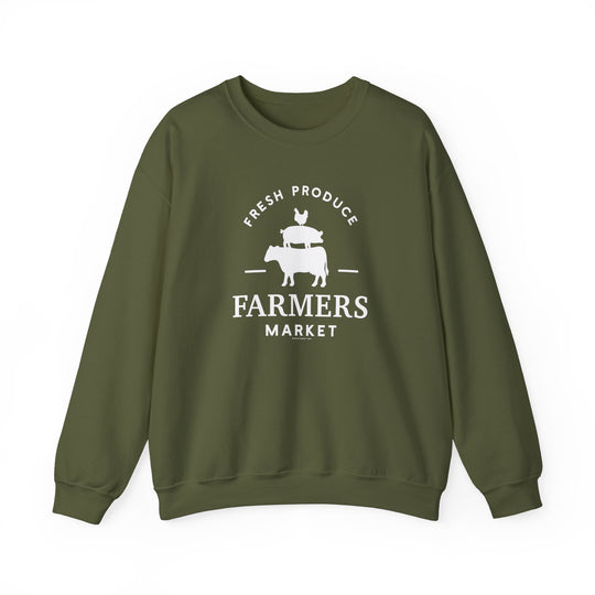 A cozy unisex heavy blend crewneck sweatshirt, the Farmers Market Crew, in green with white logo. Made of 50% cotton 50% polyester, ribbed knit collar, no itchy seams. Sizes S-5XL.