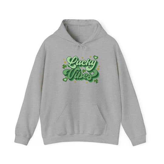 Good Day Lucky Day Hoodie featuring green text on a grey sweatshirt with a spacious kangaroo pocket and color-matched drawstring for a stylish, cozy fit.