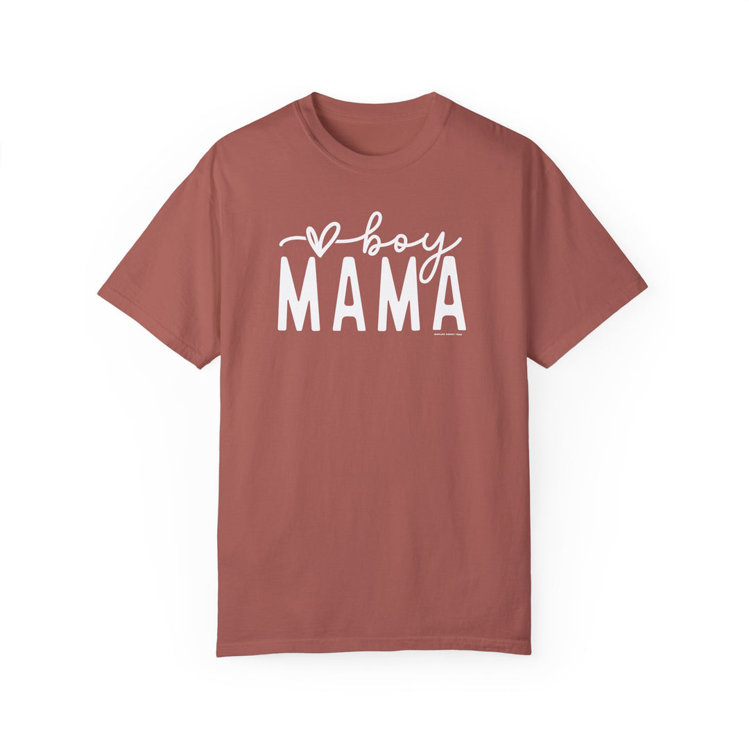 Relaxed fit Boy Mama Tee in red with white text. 100% ring-spun cotton, garment-dyed for coziness. Double-needle stitching for durability, no side-seams for shape retention. Ideal for daily wear.