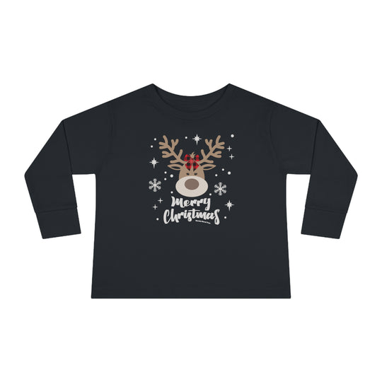 Toddler long-sleeve tee featuring a black shirt with a deer design, ideal for the youngest. Made of 100% combed ringspun cotton, with ribbed collar and EasyTear™ label for comfort and durability.