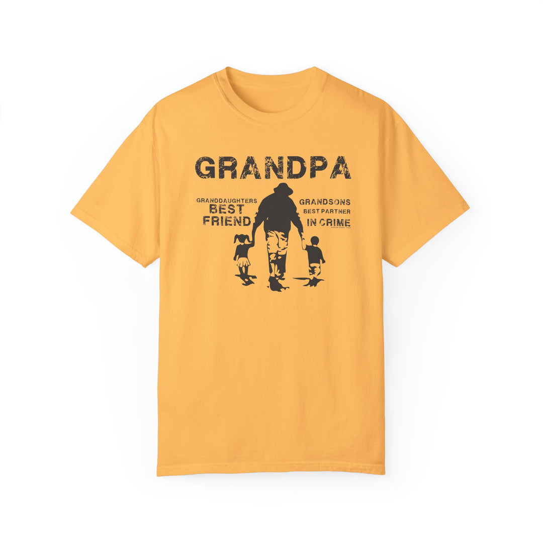 Grandpa and Grandkids Tee: A yellow shirt with black text, featuring a silhouette of a man and two children walking. Made of 100% ring-spun cotton, with a relaxed fit and double-needle stitching for durability.