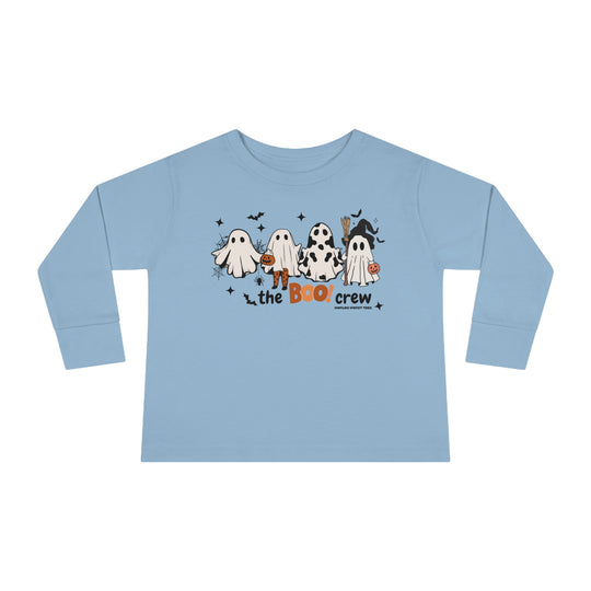A custom toddler long-sleeve tee featuring a playful design of ghosts and bats, perfect for the Boo Crew. Made of durable 100% combed ringspun cotton, with topstitched ribbed collar and EasyTear™ label for comfort.