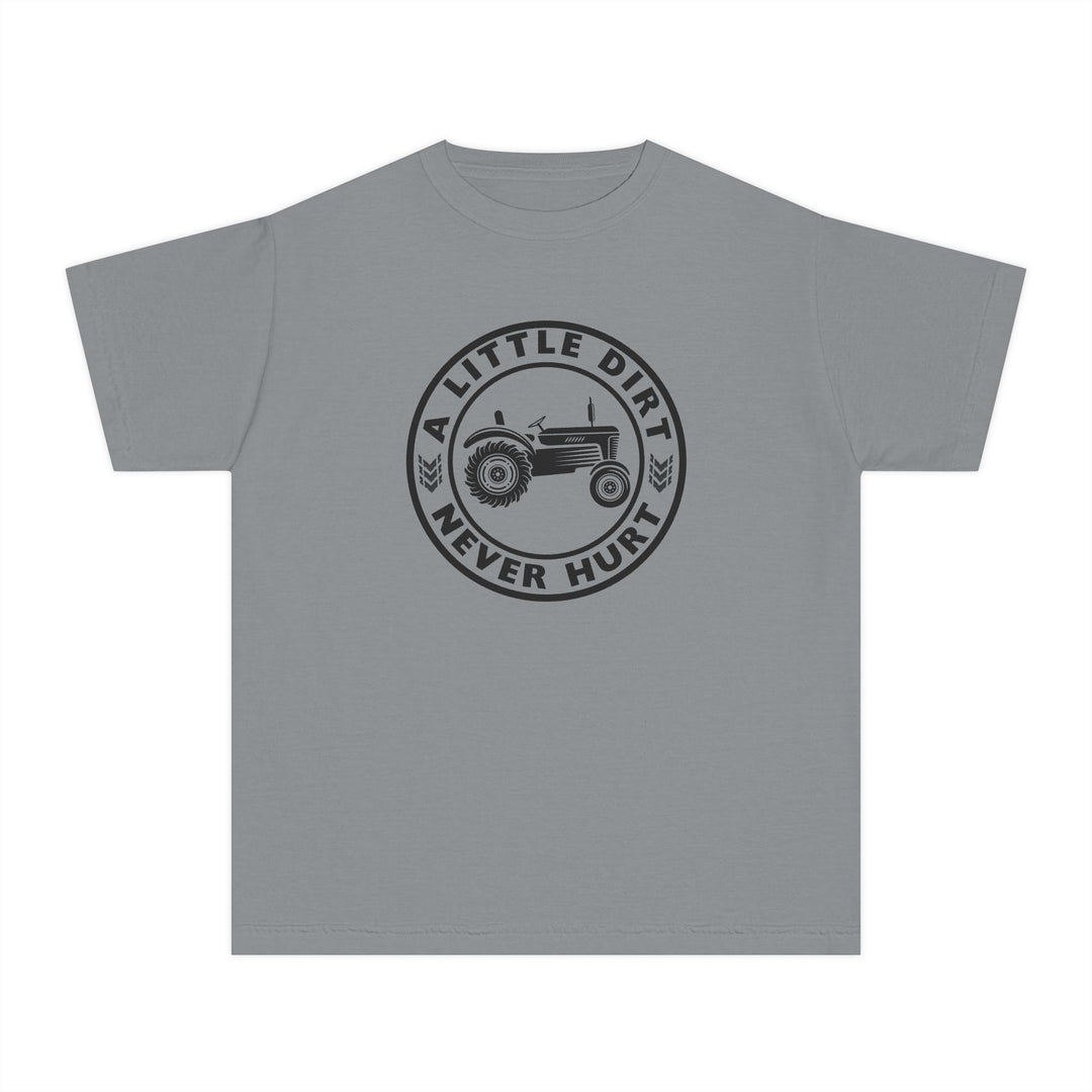 Kids' grey T-shirt with A Little Dirt Never Hurt tractor graphic, made from soft, 100% combed cotton for comfort during active play or study.