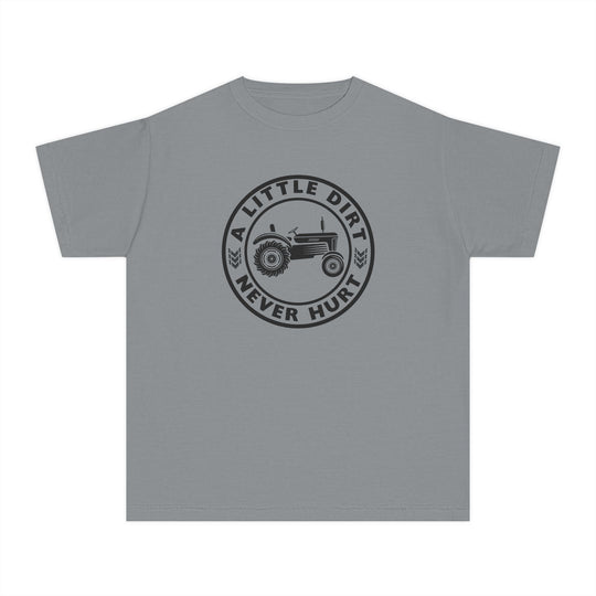 Kids' grey T-shirt with A Little Dirt Never Hurt tractor graphic, made from soft, 100% combed cotton for comfort during active play or study.