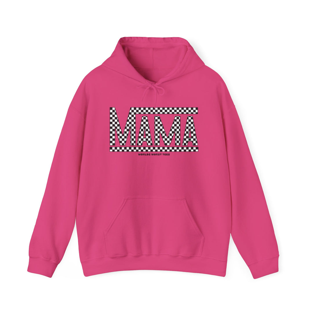 A pink sweatshirt with a black and white checkered pattern, Vans Mama Hoodie. Unisex heavy blend hooded sweatshirt, cotton-polyester fabric, kangaroo pocket, classic fit. Ideal for relaxation and warmth.