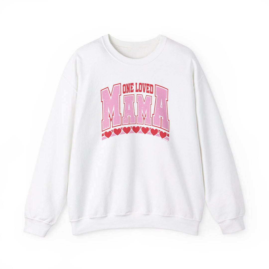A unisex heavy blend crewneck sweatshirt featuring One Loved Mama Crew design. Made of 50% cotton, 50% polyester with ribbed knit collar and no itchy side seams. Sizes S-5XL.