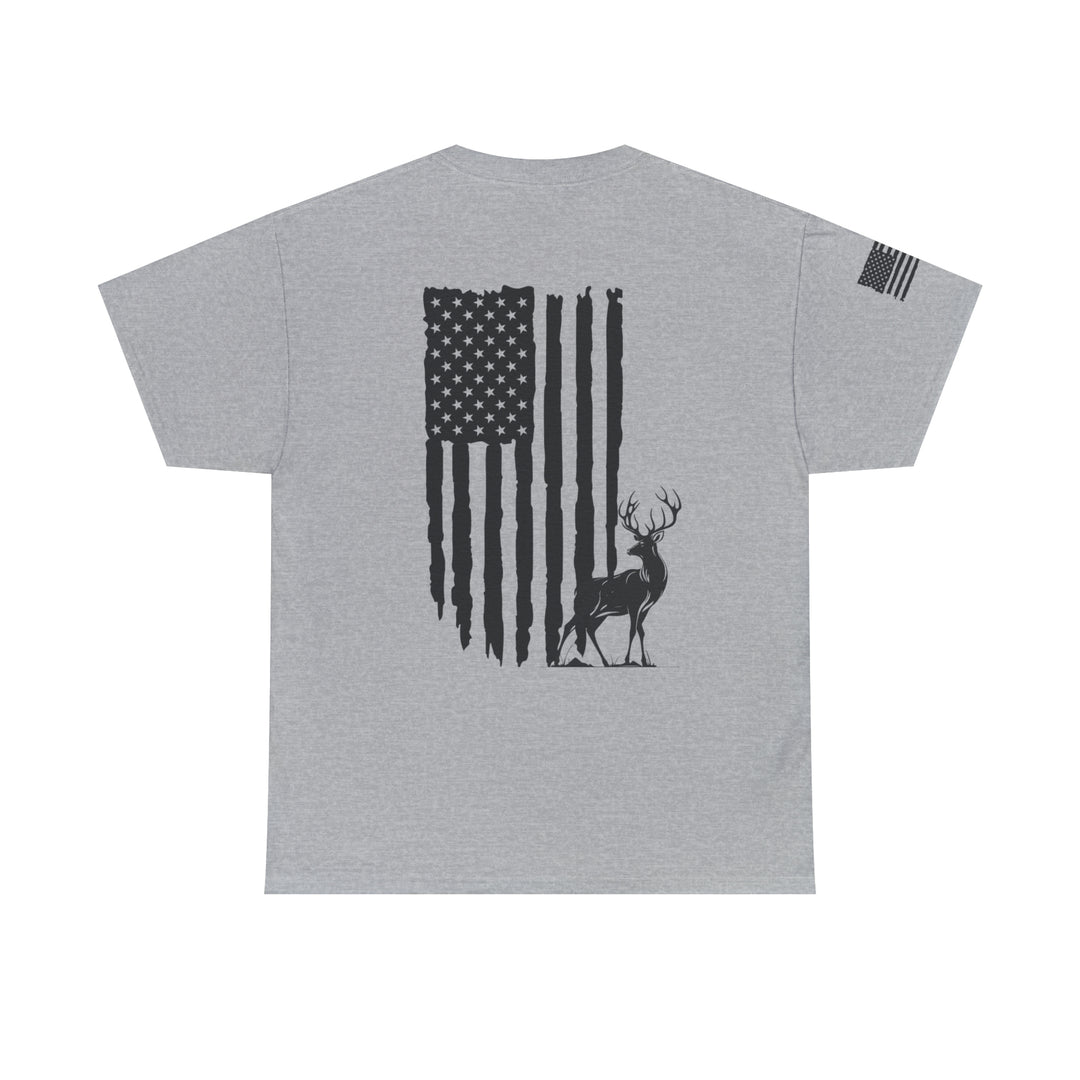 American Hunter Tee: Men's premium fitted short sleeve t-shirt featuring a flag and deer design on the back. Combed cotton, ribbed collar, and roomy fit for comfort and style.
