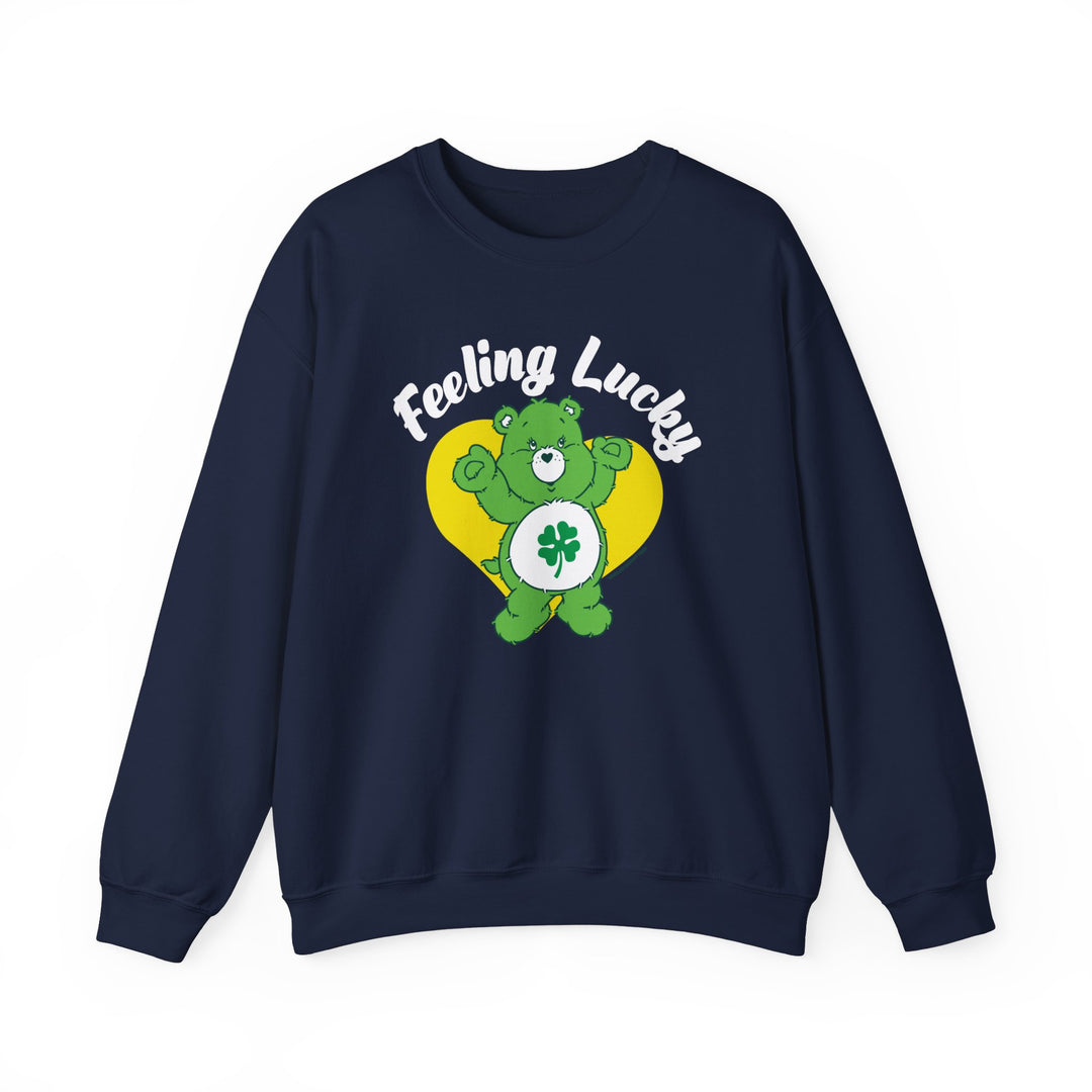 Unisex heavy blend crewneck sweatshirt featuring a cartoon bear and clover design. Comfortable polyester and cotton fabric with ribbed knit collar. Feeling Lucky Crew by Worlds Worst Tees.