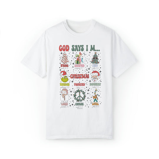 A white t-shirt featuring various designs, including a cartoon Santa Claus and a snowman, from Worlds Worst Tees. Unisex, relaxed fit, 80% ring-spun cotton, 20% polyester. God says I'm Tee.