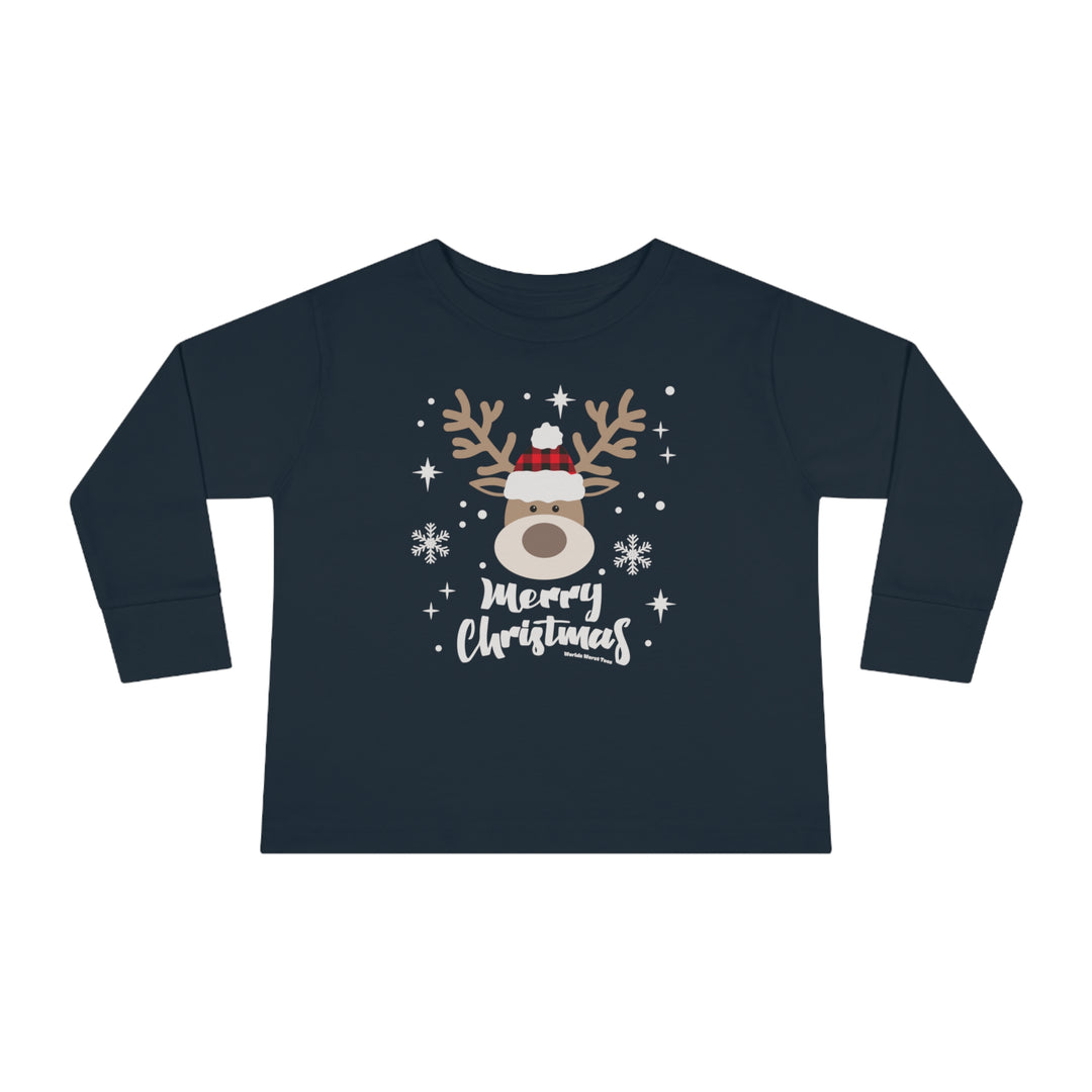 A blue toddler long-sleeve tee featuring a festive deer design, snowflakes, and a reindeer with a hat. Made of 100% combed ringspun cotton for durability and comfort. From 'Worlds Worst Tees'.