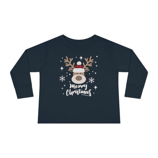 A blue toddler long-sleeve tee featuring a festive deer design, snowflakes, and a reindeer with a hat. Made of 100% combed ringspun cotton for durability and comfort. From 'Worlds Worst Tees'.