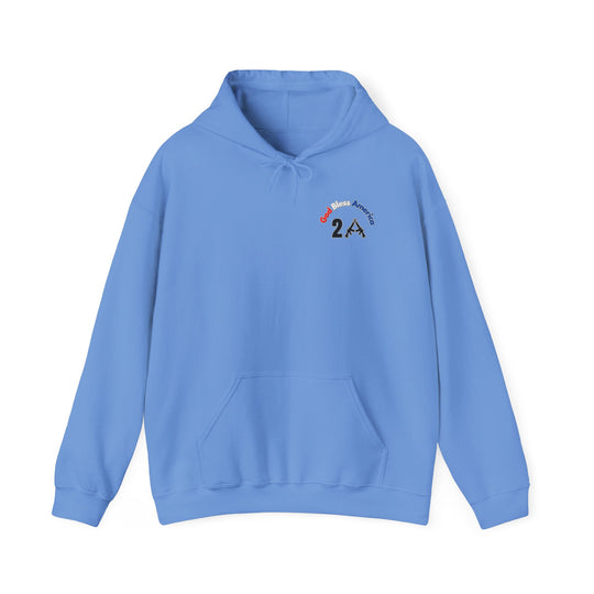 A heavy blend hooded sweatshirt featuring God Bless America 2A print. Unisex, cotton-polyester fabric for warmth and comfort. Kangaroo pocket, drawstring hood, tear-away label. Ideal for printing. From Worlds Worst Tees.