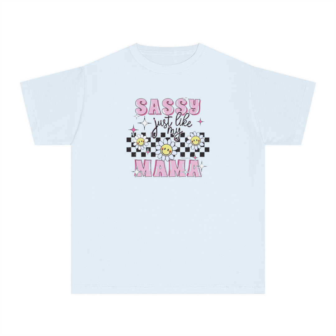 Kid's tee shirt with pink and black text, featuring a floral design. Made of 100% combed ringspun cotton for comfort and agility. Classic fit, ideal for active days. Sassy Like My Mama Kids Tee from Worlds Worst Tees.