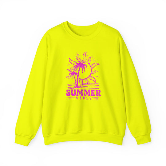 A yellow Summer Vibes Crew unisex sweatshirt with a sun and palm tree design. Made of 50% cotton and 50% polyester, featuring ribbed knit collar and no itchy side seams. Ideal for comfort and style.