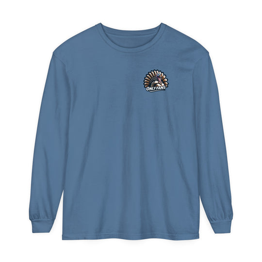 A blue long-sleeve tee with a turkey logo, ideal for casual wear. Made of 100% ring-spun cotton for softness and style. Classic fit, garment-dyed fabric, and relaxed comfort. From 'Worlds Worst Tees'.