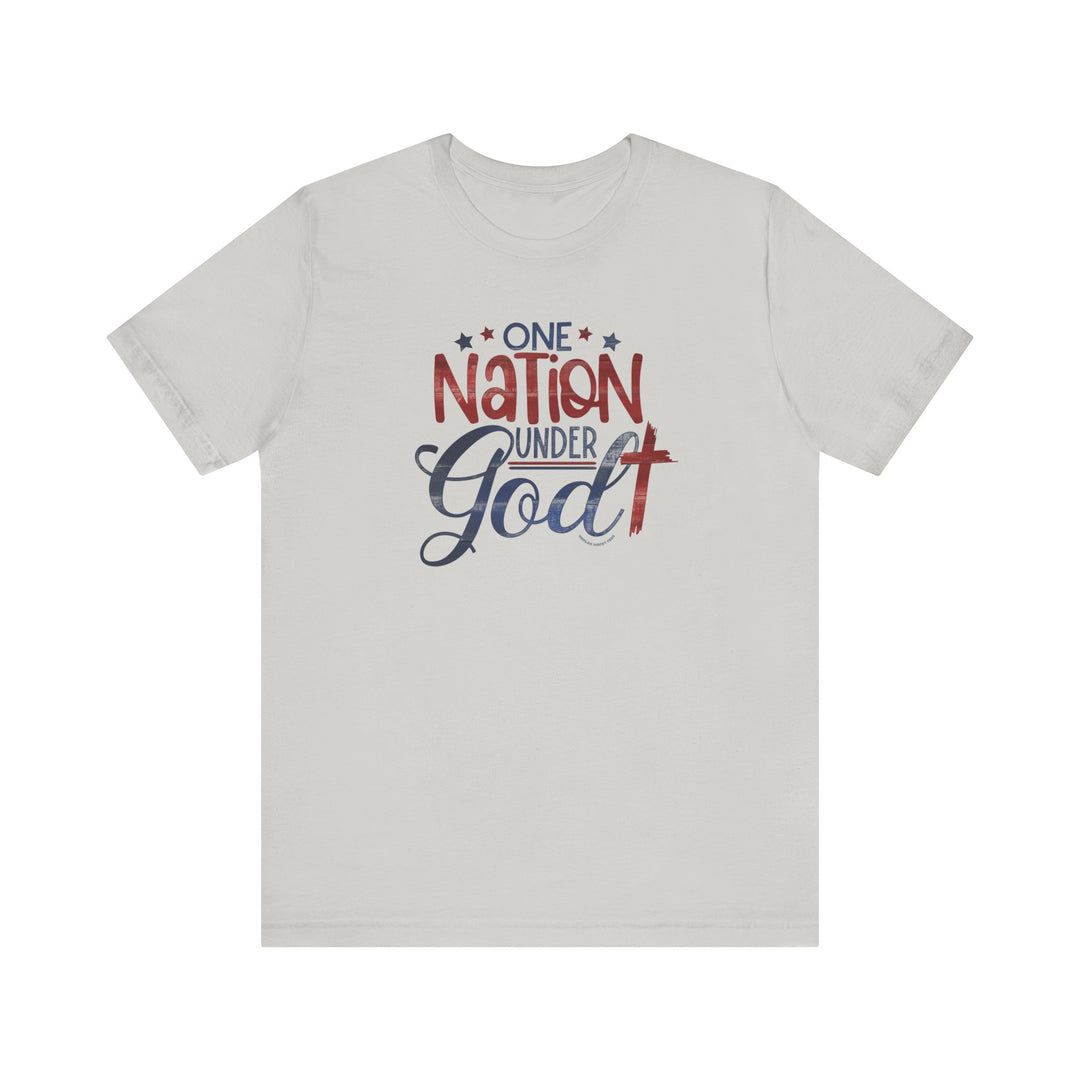 A classic unisex jersey tee featuring One Nation Under God text. Made of 100% Airlume combed cotton, ribbed knit collars, and taping on shoulders for durability. Retail fit, tear away label, true to size.