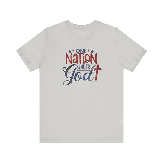 A classic unisex jersey tee featuring One Nation Under God text. Made of 100% Airlume combed cotton, ribbed knit collars, and taping on shoulders for durability. Retail fit, tear away label, true to size.