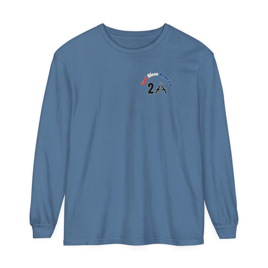 God Bless America 2A Long Sleeve Tee: A classic fit, garment-dyed blue shirt with a logo, made of 100% ring-spun cotton for softness and style. Sizes from S to 3XL.