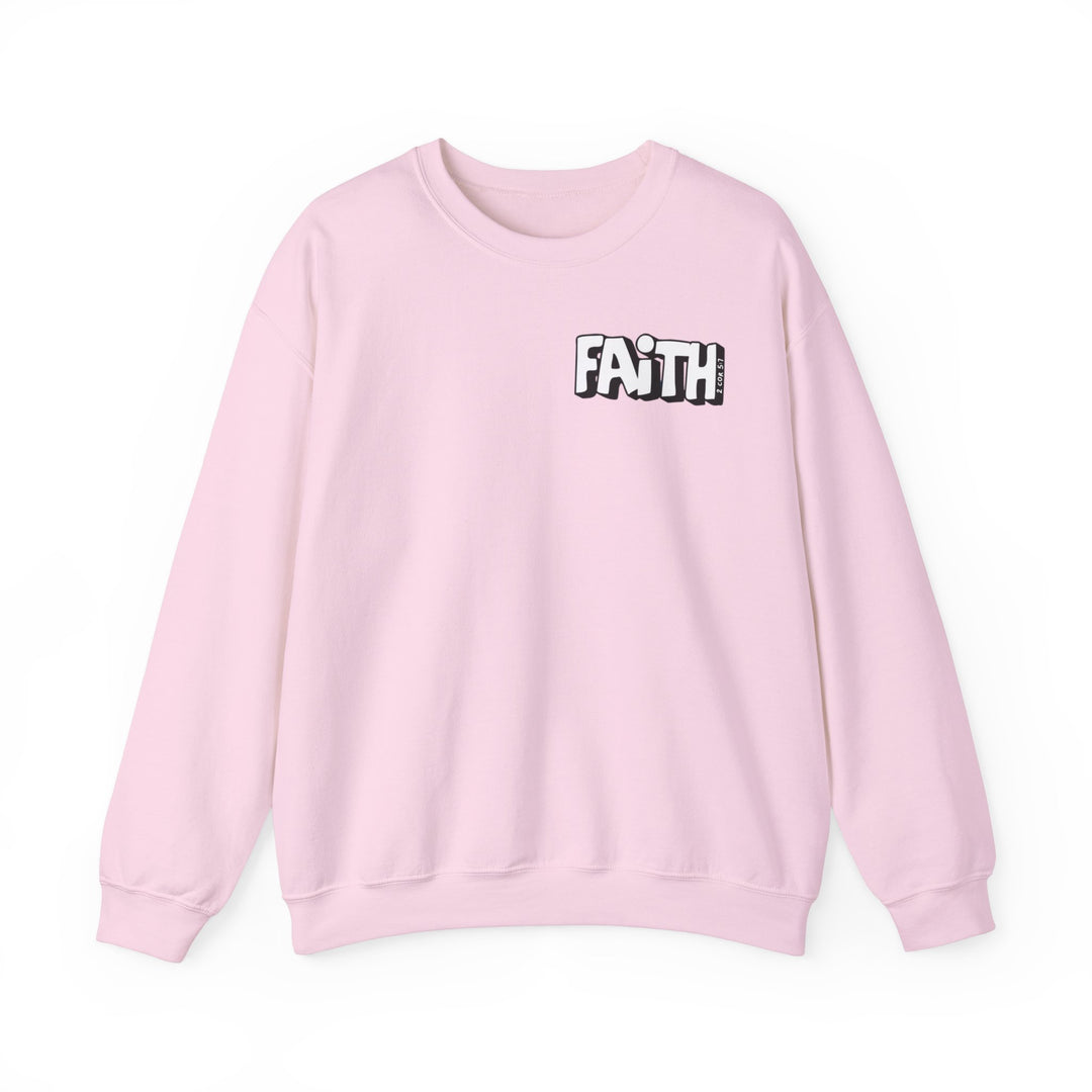 Unisex Walk By Faith Not By Sight Crew sweatshirt, pink with white text logo. Heavy blend fabric, ribbed knit collar, no itchy seams. Sizes S-5XL. Ideal comfort for any occasion.