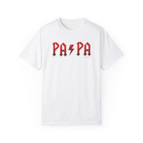 A white Pa/Pa Tee with red text, made of 100% ring-spun cotton. Relaxed fit, double-needle stitching for durability, and seamless design for a tubular shape. From Worlds Worst Tees.