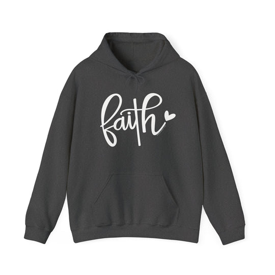 A black Faith Hoodie with white text, a cozy blend of cotton and polyester, featuring a kangaroo pocket and matching drawstring. Unisex, warm, and stylish for cold days.