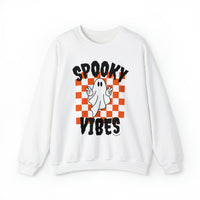 A white crewneck sweatshirt featuring a ghost design, ideal for all occasions. Unisex, heavy blend fabric with ribbed knit collar, no itchy seams. SPOOKY VIBES CREW by Worlds Worst Tees.