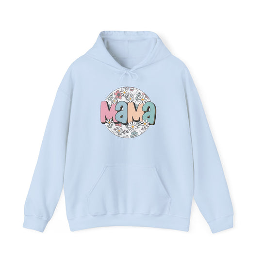 A light blue Sassy Mama Flower Hoodie, a cozy blend of cotton and polyester with a kangaroo pocket and matching drawstring hood. Unisex, 8.0 oz/yd² fabric, tear-away label. Sizes S-5XL.